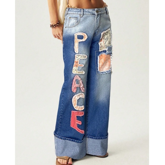 Boho Medium Wash Peace Floral Print Patch Denim Straight Leg Jeans - Picture 3 of 5